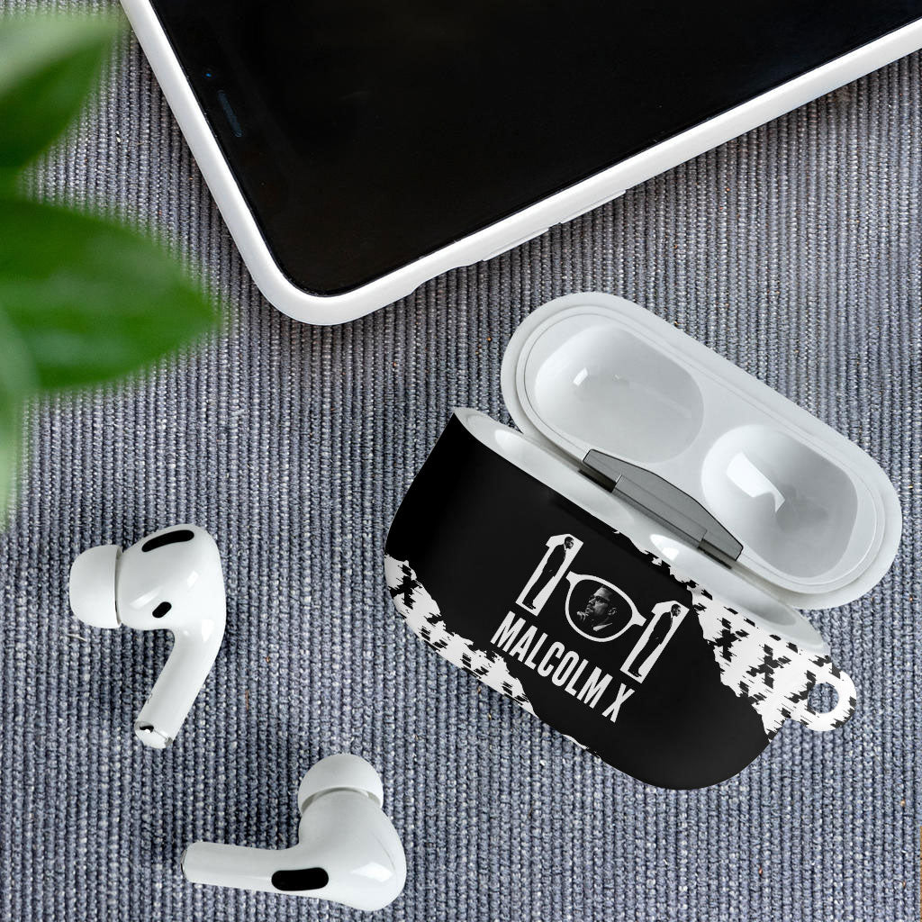 Malcolm X 101 Years Of Resistance AirPods Case Civil Rights Leader Portrait - Monochrome X Pattern