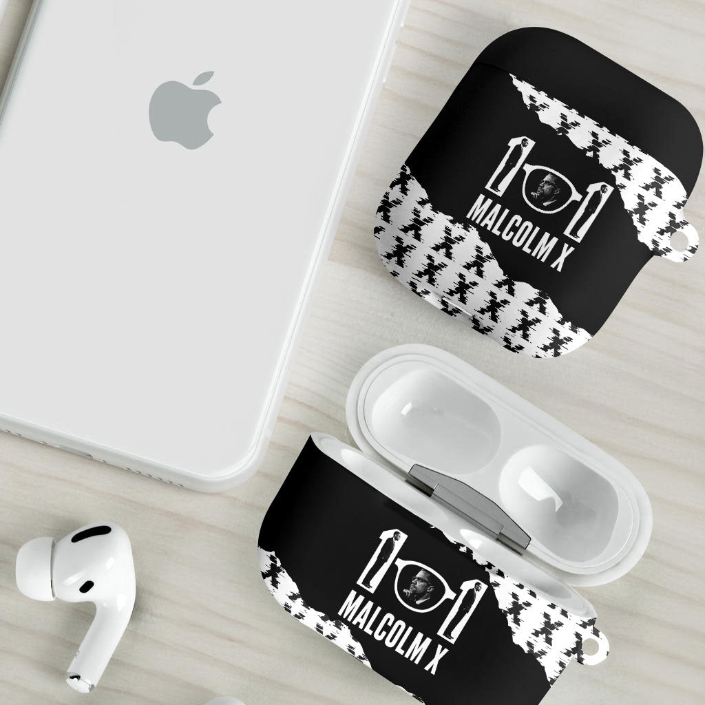 Malcolm X 101 Years Of Resistance AirPods Case Civil Rights Leader Portrait - Monochrome X Pattern