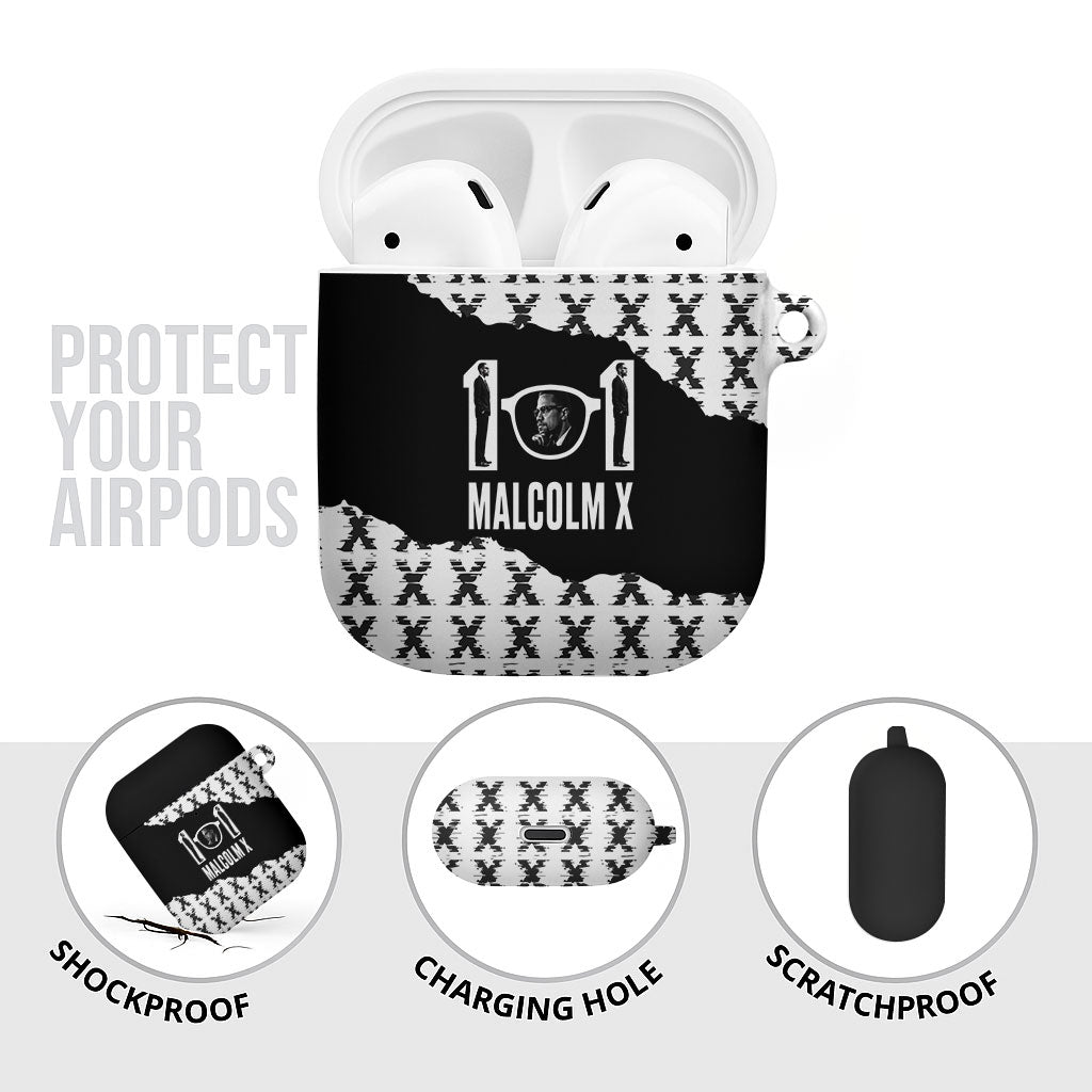 Malcolm X 101 Years Of Resistance AirPods Case Civil Rights Leader Portrait - Monochrome X Pattern
