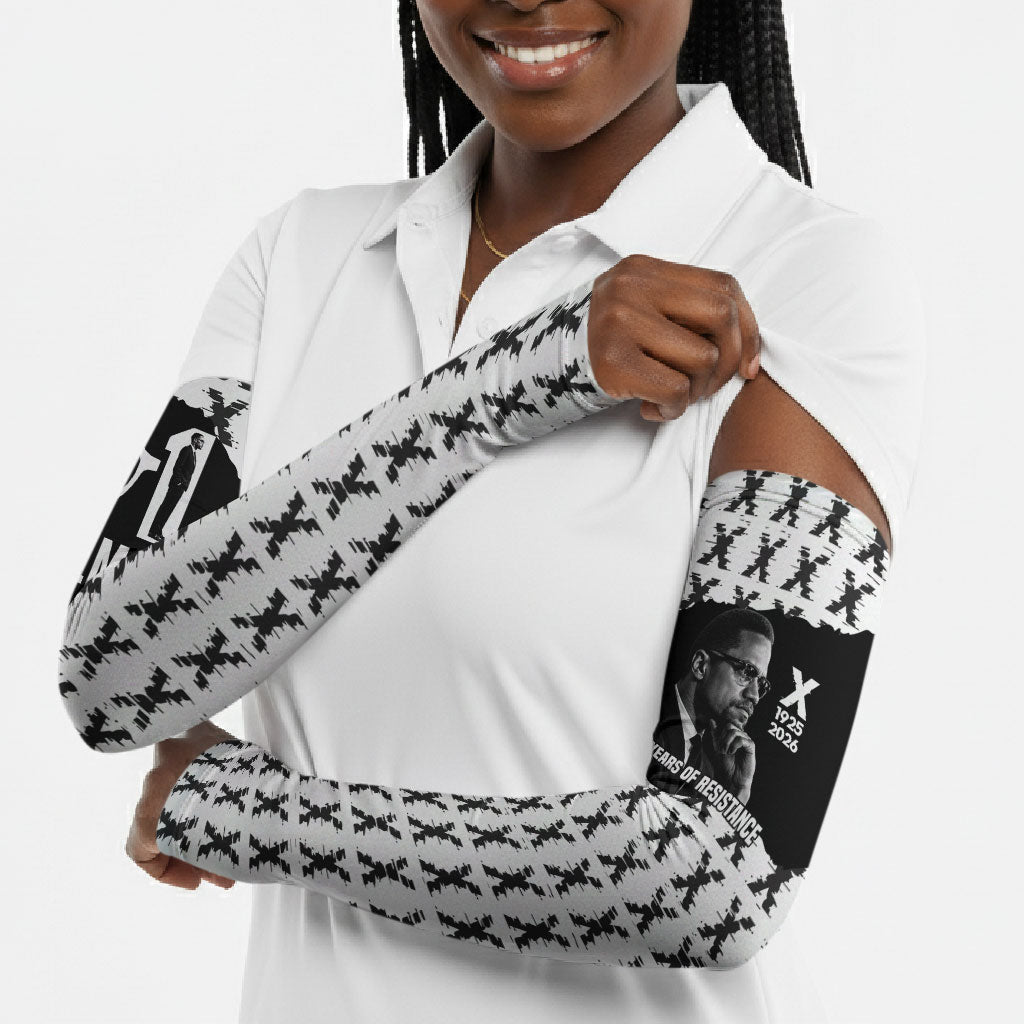 Malcolm X 101 Years Of Resistance Arm Sleeves Civil Rights Leader Portrait - Monochrome X Pattern