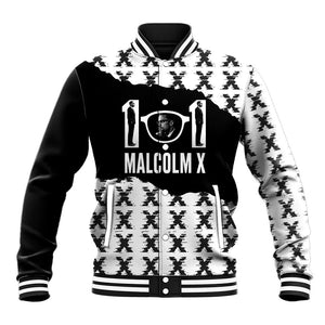 Malcolm X 101 Years Of Resistance Baseball Jacket Civil Rights Leader Portrait - Monochrome X Pattern