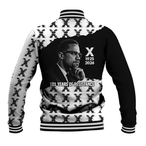 Malcolm X 101 Years Of Resistance Baseball Jacket Civil Rights Leader Portrait - Monochrome X Pattern