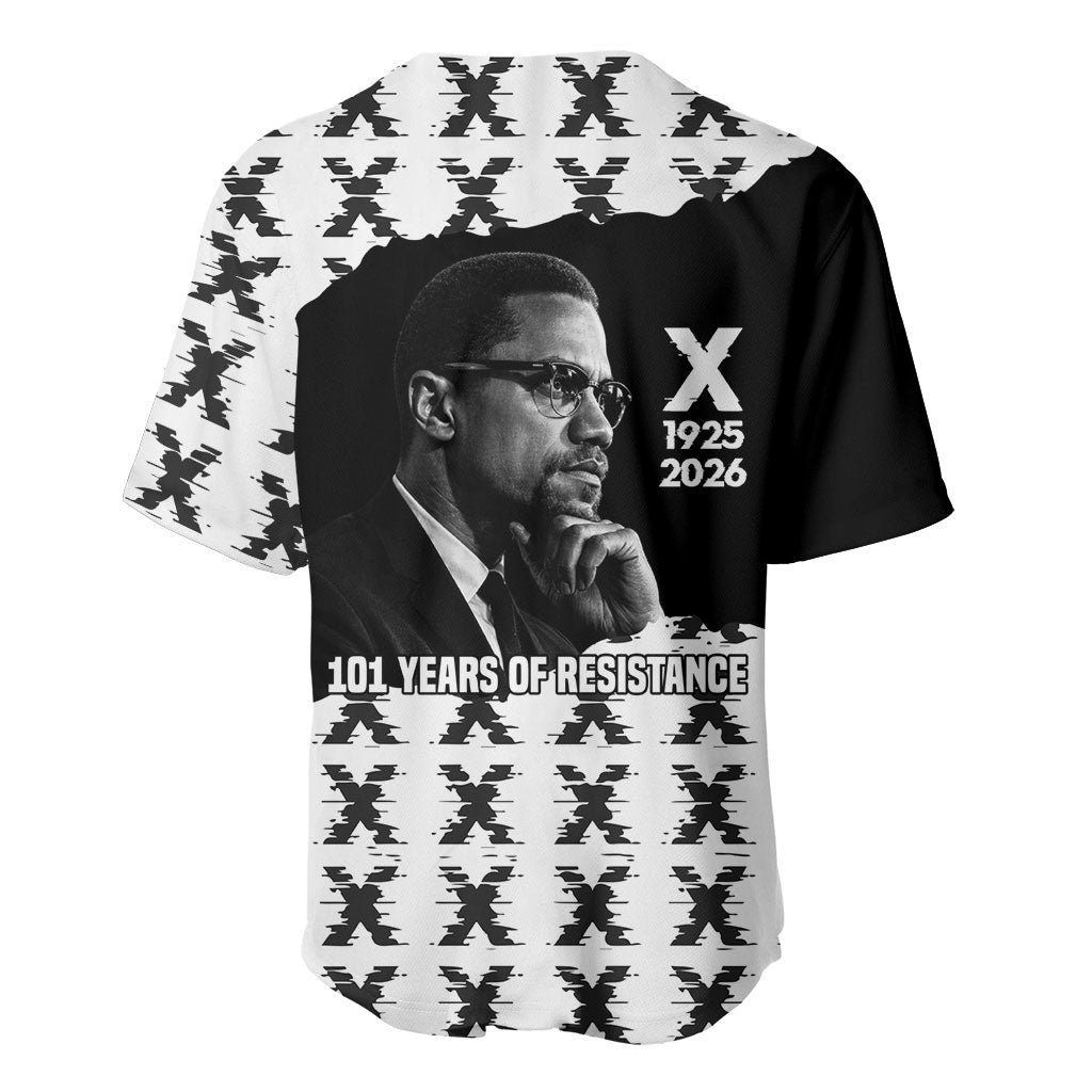 Malcolm X 101 Years Of Resistance Baseball Jersey Civil Rights Leader Portrait - Monochrome X Pattern