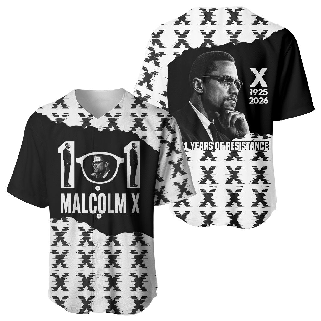 Malcolm X 101 Years Of Resistance Baseball Jersey Civil Rights Leader Portrait - Monochrome X Pattern