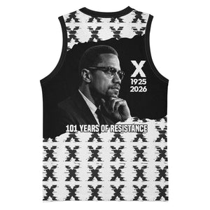 Malcolm X 101 Years Of Resistance Basketball Jersey Civil Rights Leader Portrait - Monochrome X Pattern