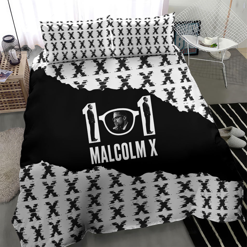 Malcolm X 101 Years Of Resistance Bedding Set Civil Rights Leader Portrait - Monochrome X Pattern