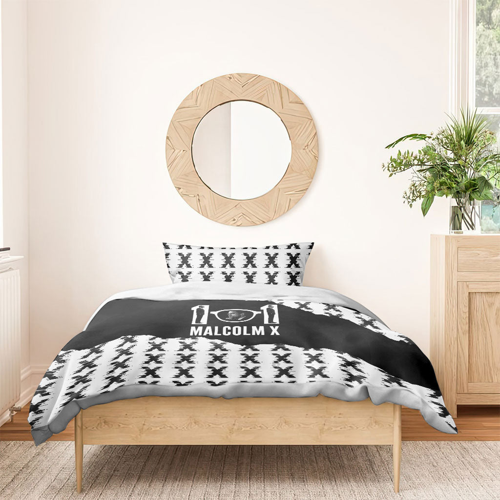 Malcolm X 101 Years Of Resistance Bedding Set Civil Rights Leader Portrait - Monochrome X Pattern