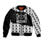 Malcolm X 101 Years Of Resistance Bomber Jacket Civil Rights Leader Portrait - Monochrome X Pattern