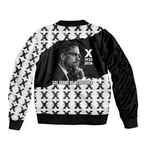 Malcolm X 101 Years Of Resistance Bomber Jacket Civil Rights Leader Portrait - Monochrome X Pattern