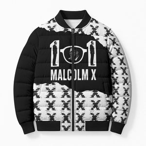 Malcolm X 101 Years Of Resistance Bomber Puffer Jacket Civil Rights Leader Portrait - Monochrome X Pattern