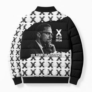 Malcolm X 101 Years Of Resistance Bomber Puffer Jacket Civil Rights Leader Portrait - Monochrome X Pattern
