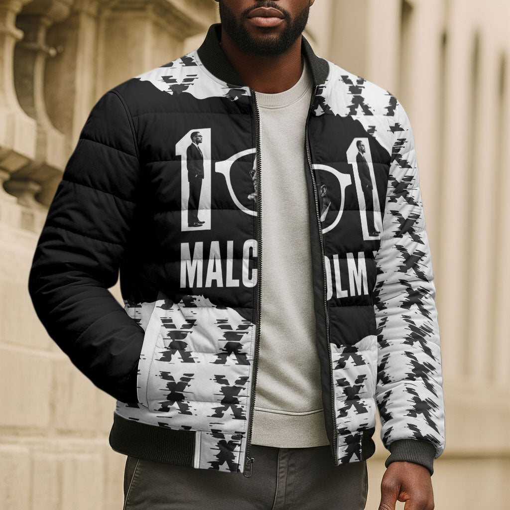 Malcolm X 101 Years Of Resistance Bomber Puffer Jacket Civil Rights Leader Portrait - Monochrome X Pattern