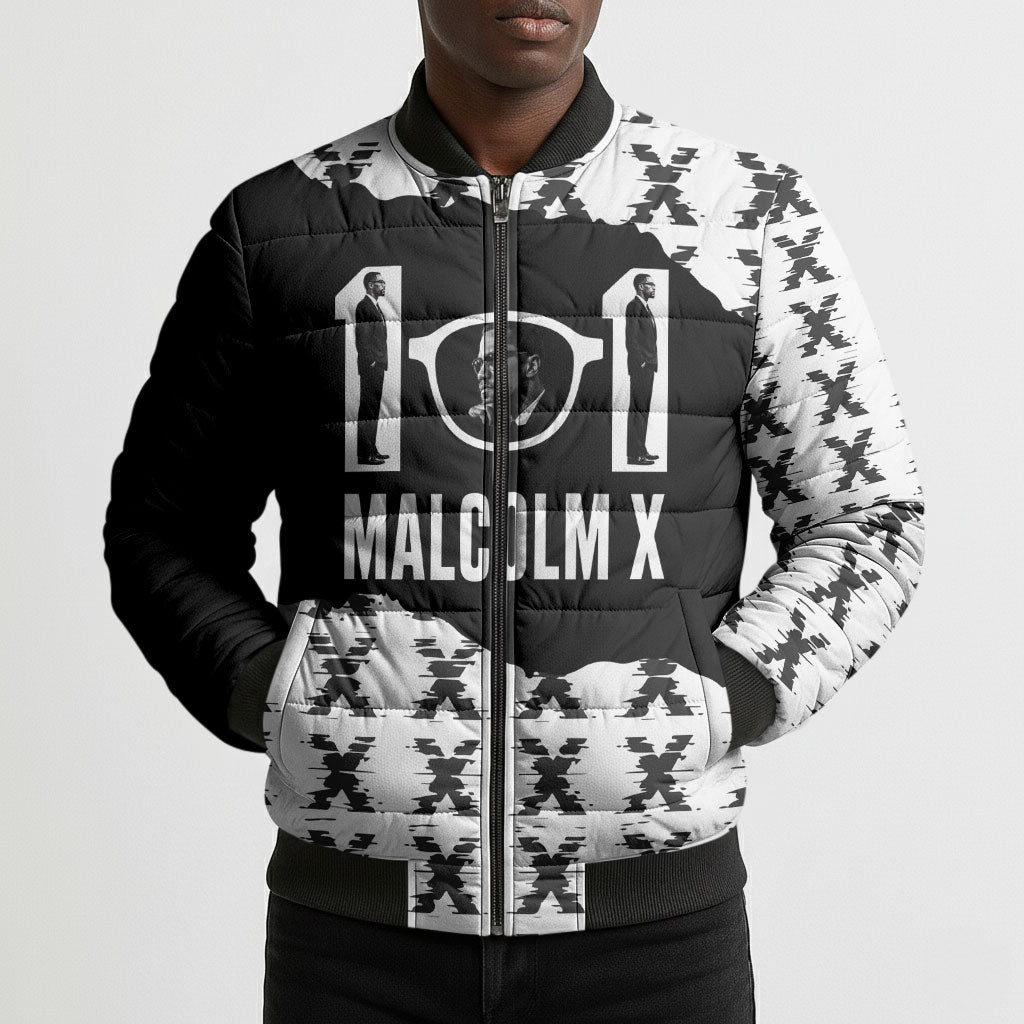 Malcolm X 101 Years Of Resistance Bomber Puffer Jacket Civil Rights Leader Portrait - Monochrome X Pattern
