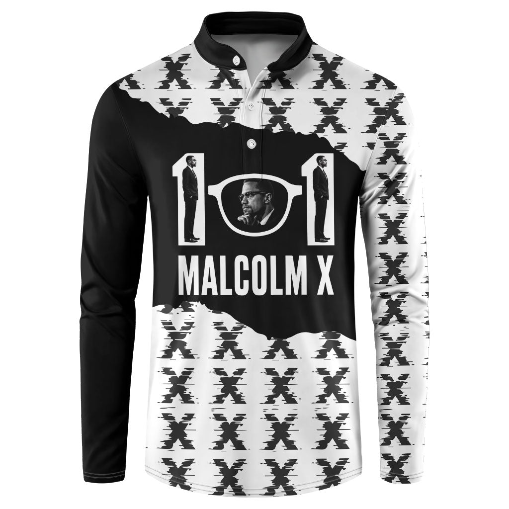 Malcolm X 101 Years Of Resistance Button Sweatshirt Civil Rights Leader Portrait - Monochrome X Pattern
