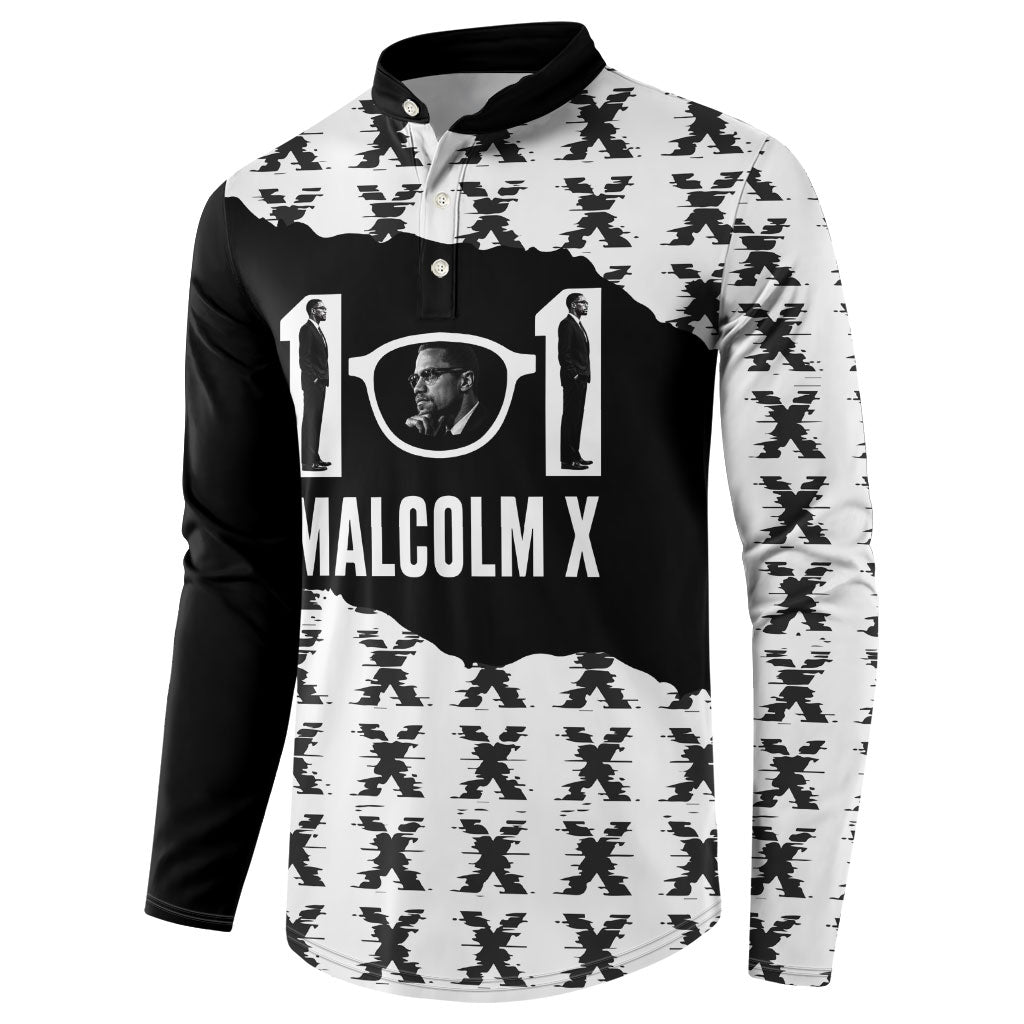Malcolm X 101 Years Of Resistance Button Sweatshirt Civil Rights Leader Portrait - Monochrome X Pattern