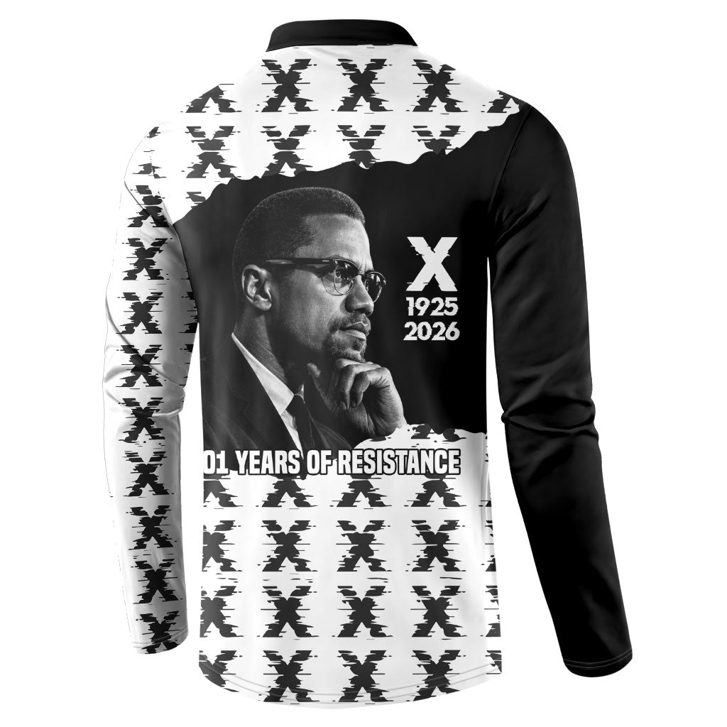 Malcolm X 101 Years Of Resistance Button Sweatshirt Civil Rights Leader Portrait - Monochrome X Pattern