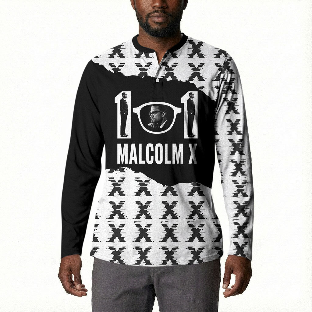 Malcolm X 101 Years Of Resistance Button Sweatshirt Civil Rights Leader Portrait - Monochrome X Pattern
