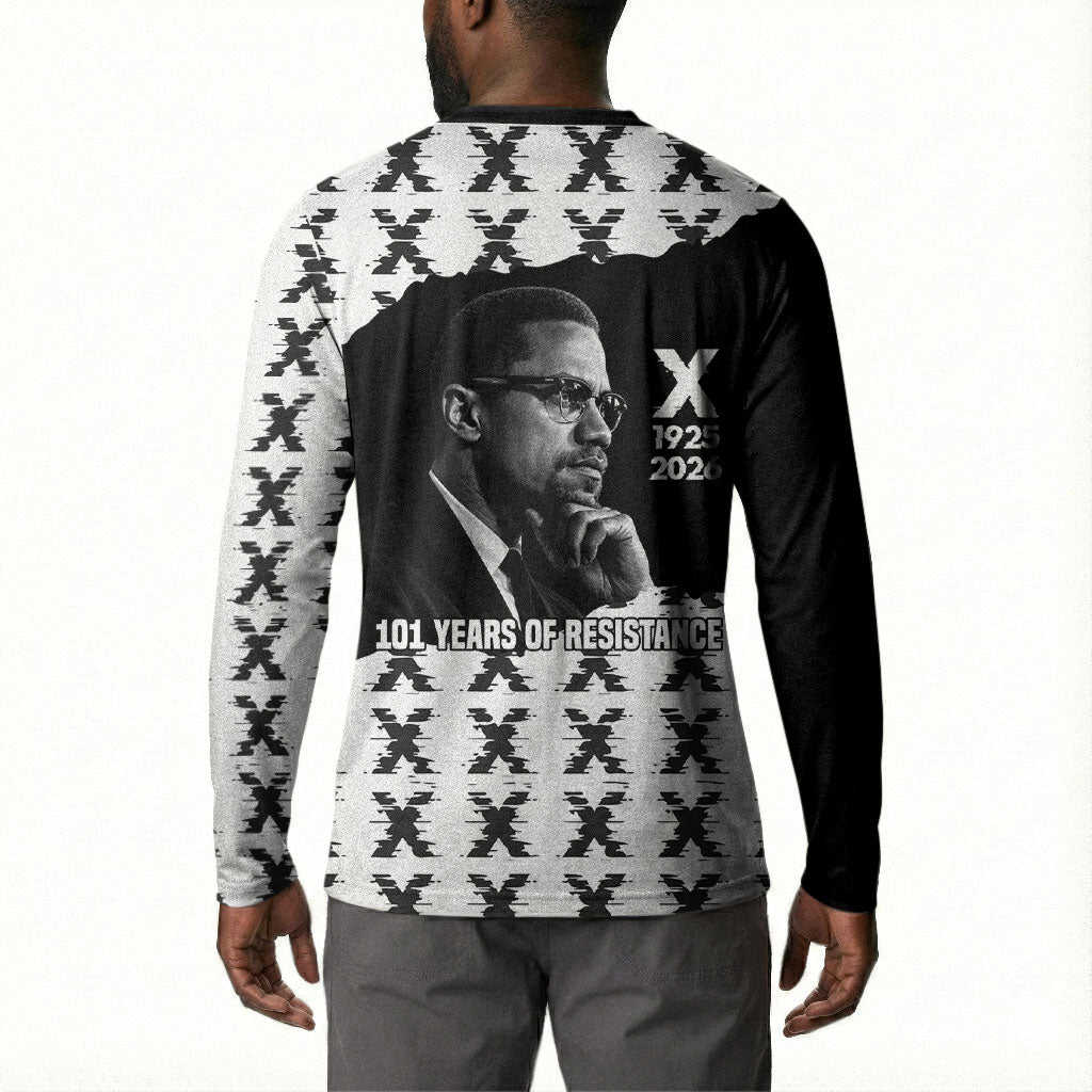 Malcolm X 101 Years Of Resistance Button Sweatshirt Civil Rights Leader Portrait - Monochrome X Pattern