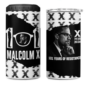 Malcolm X 101 Years Of Resistance 4 in 1 Can Cooler Tumbler Civil Rights Leader Portrait - Monochrome X Pattern