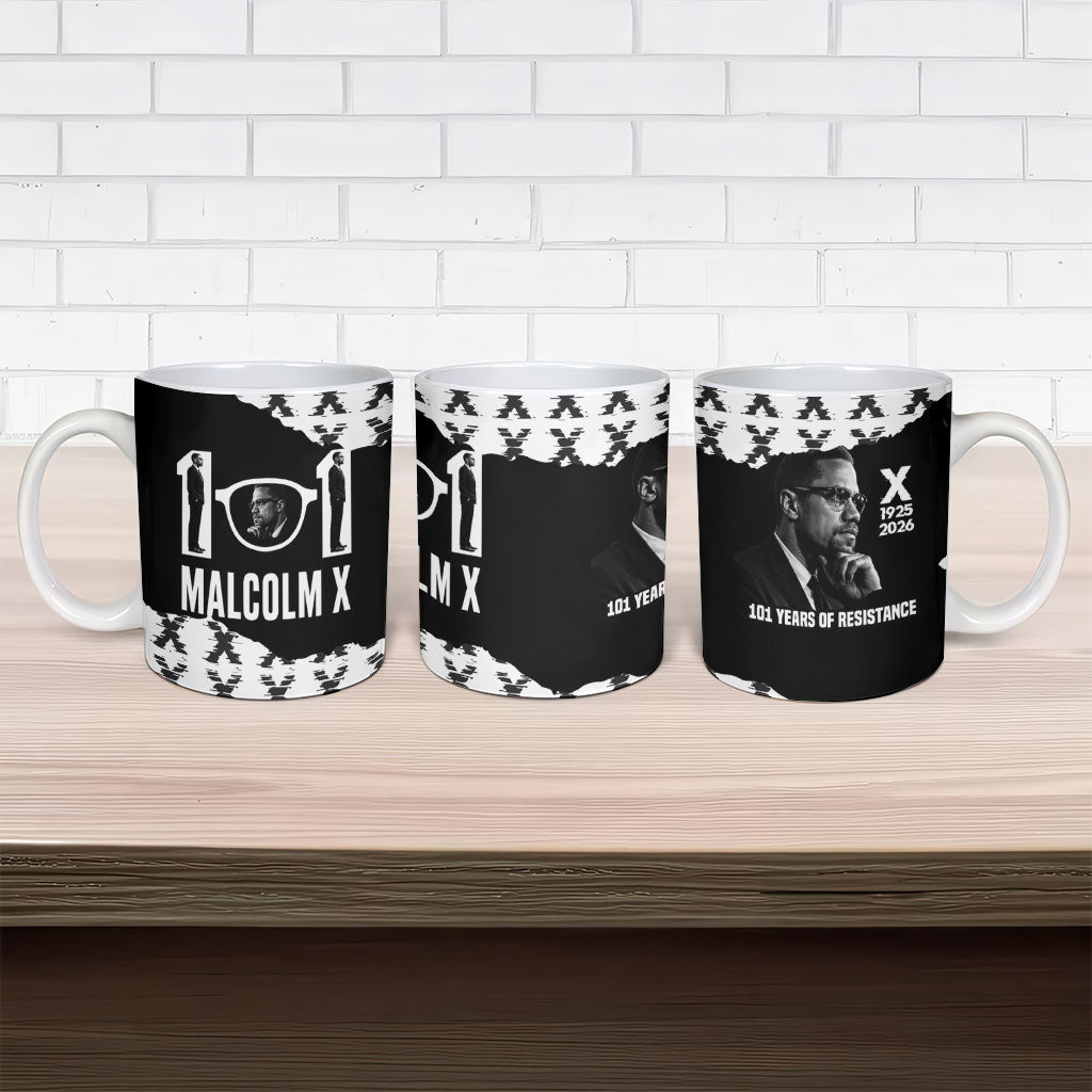 Malcolm X 101 Years Of Resistance Ceramic Mug Civil Rights Leader Portrait - Monochrome X Pattern
