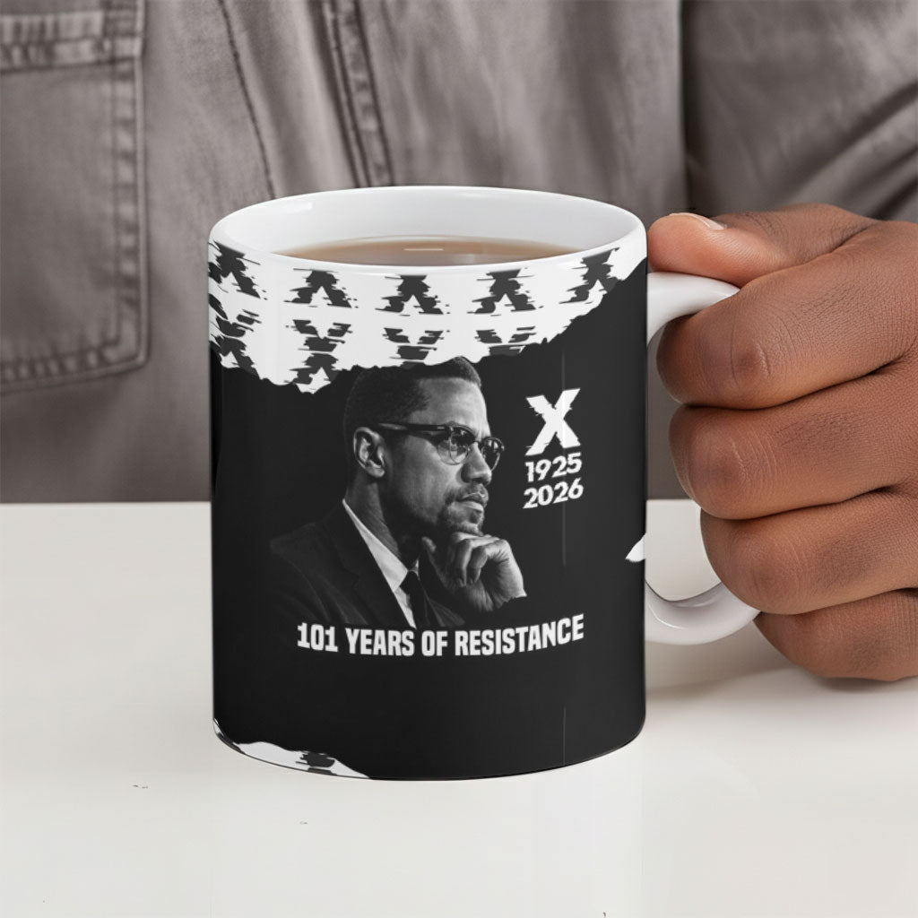 Malcolm X 101 Years Of Resistance Ceramic Mug Civil Rights Leader Portrait - Monochrome X Pattern