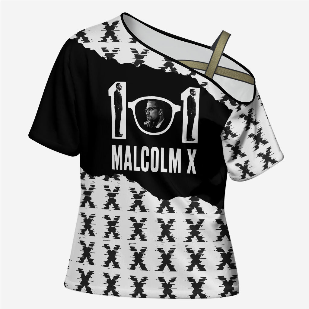 Malcolm X 101 Years Of Resistance Cross Shoulder Shirt Civil Rights Leader Portrait - Monochrome X Pattern