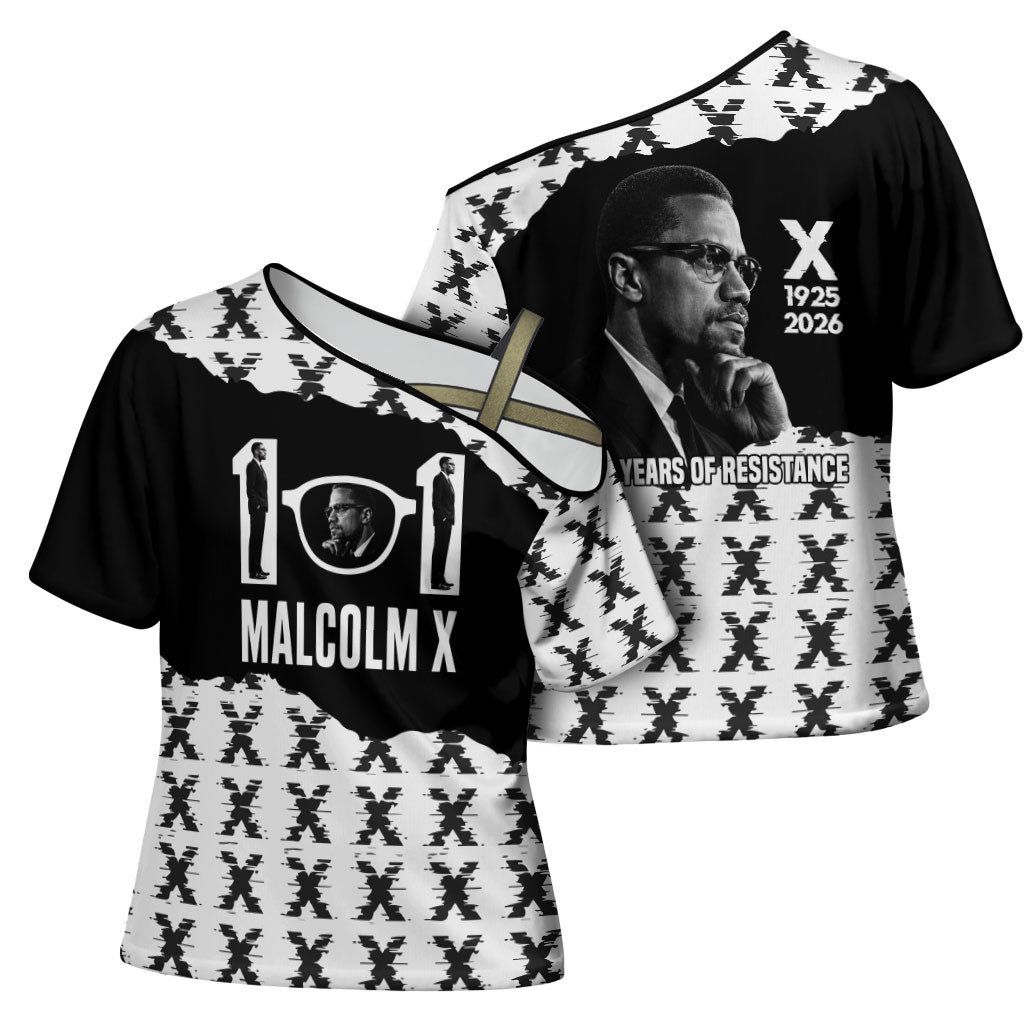Malcolm X 101 Years Of Resistance Cross Shoulder Shirt Civil Rights Leader Portrait - Monochrome X Pattern