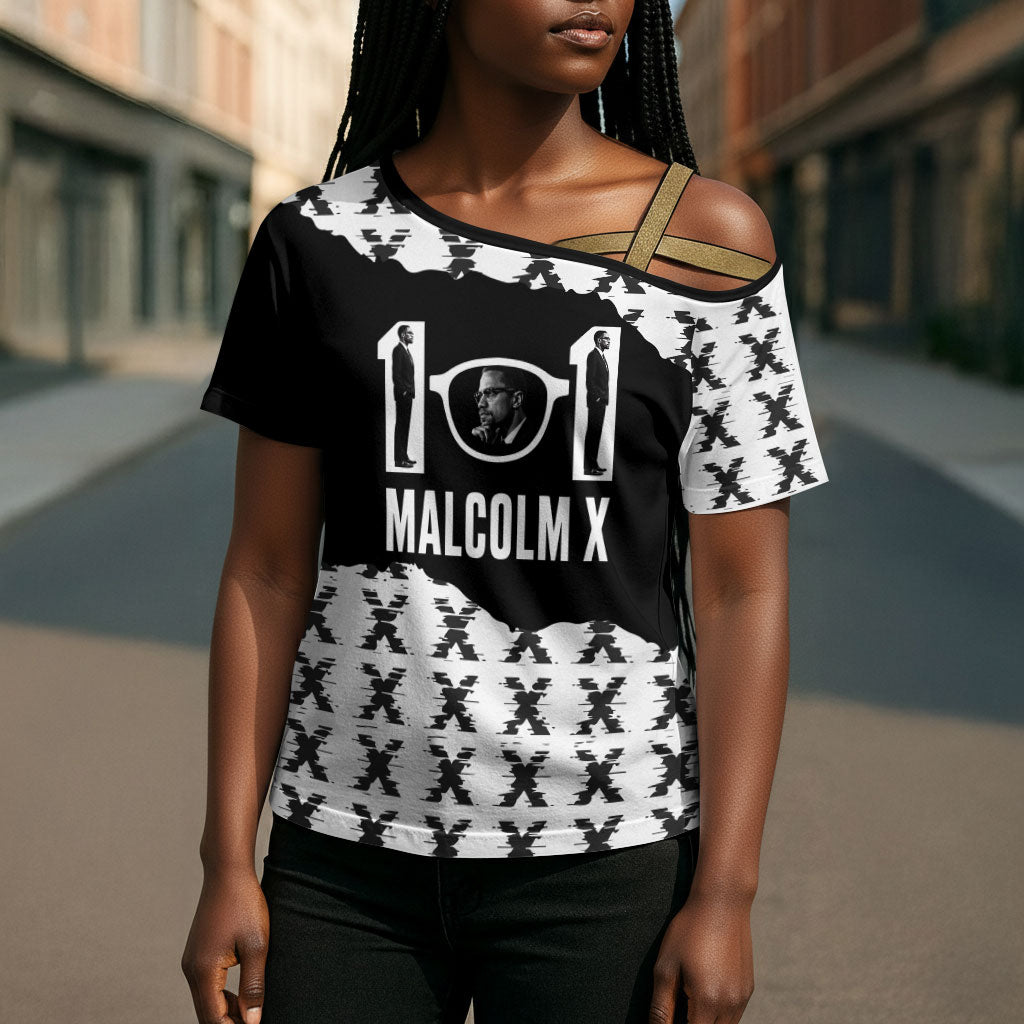 Malcolm X 101 Years Of Resistance Cross Shoulder Shirt Civil Rights Leader Portrait - Monochrome X Pattern