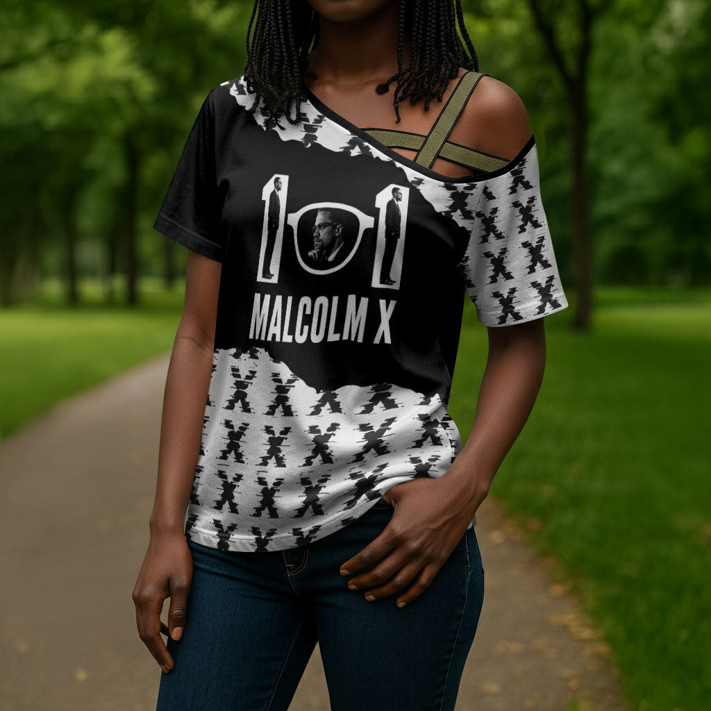Malcolm X 101 Years Of Resistance Cross Shoulder Shirt Civil Rights Leader Portrait - Monochrome X Pattern