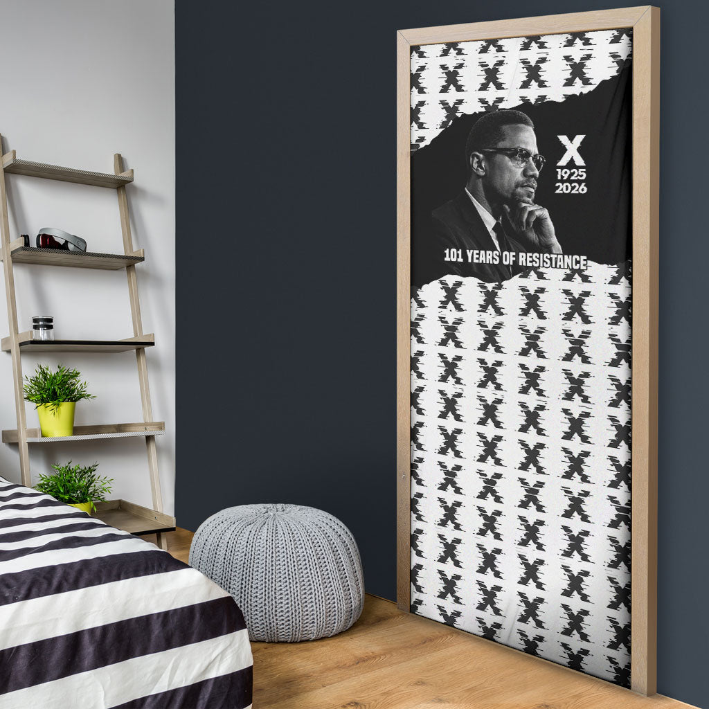 Malcolm X 101 Years Of Resistance Door Cover Civil Rights Leader Portrait - Monochrome X Pattern