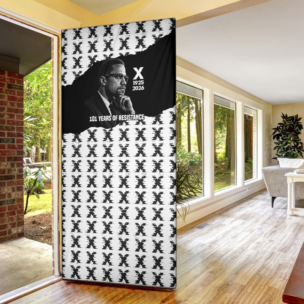 Malcolm X 101 Years Of Resistance Door Cover Civil Rights Leader Portrait - Monochrome X Pattern