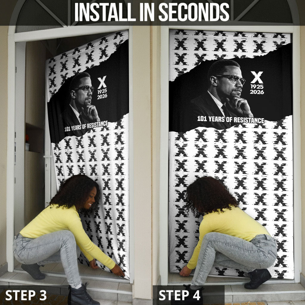 Malcolm X 101 Years Of Resistance Door Cover Civil Rights Leader Portrait - Monochrome X Pattern