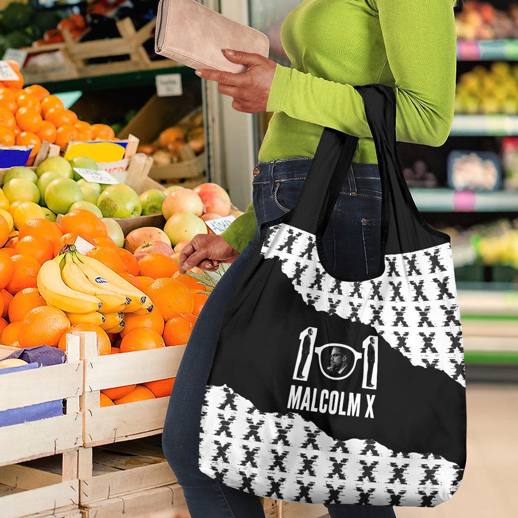 Malcolm X 101 Years Of Resistance Grocery Bag Civil Rights Leader Portrait - Monochrome X Pattern