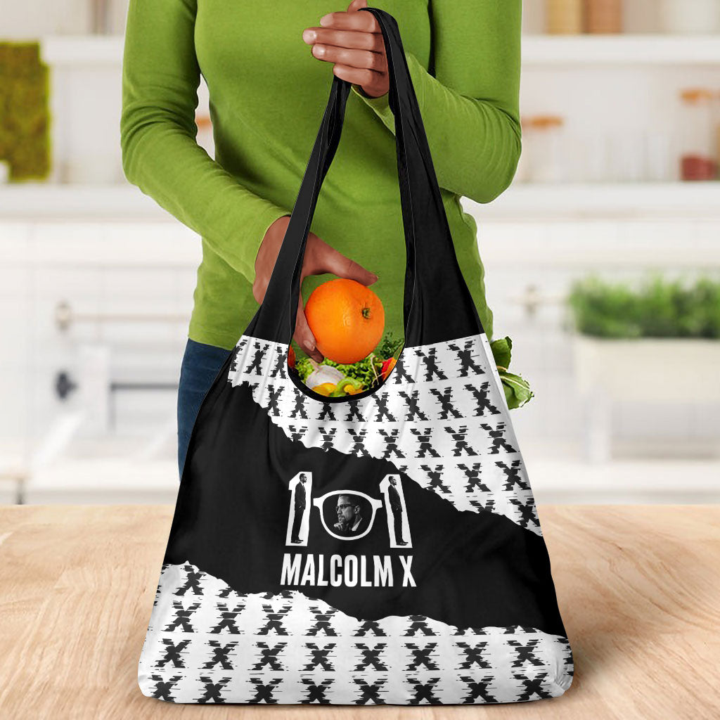 Malcolm X 101 Years Of Resistance Grocery Bag Civil Rights Leader Portrait - Monochrome X Pattern