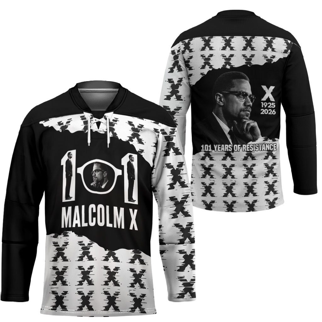 Malcolm X 101 Years Of Resistance Hockey Jersey Civil Rights Leader Portrait - Monochrome X Pattern