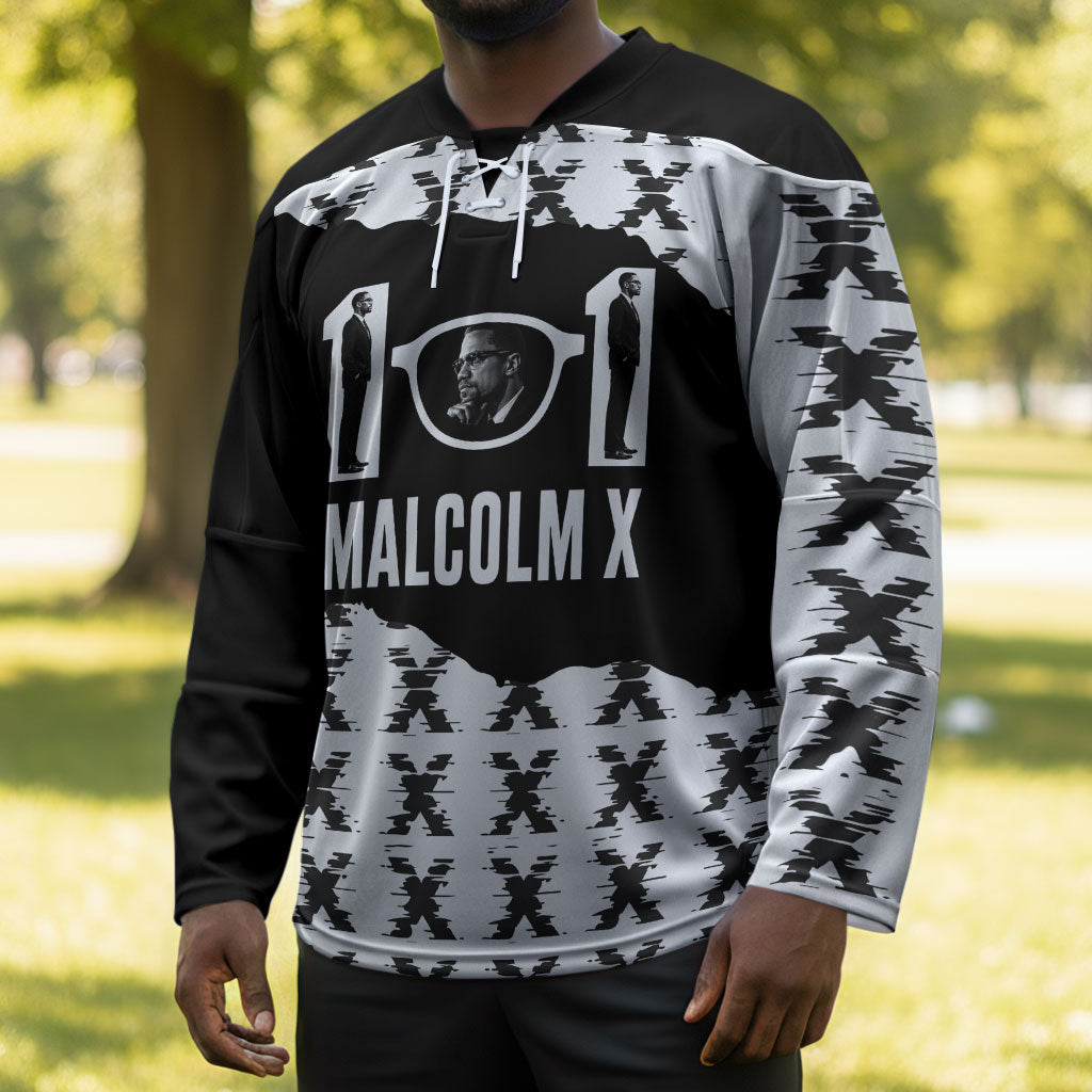Malcolm X 101 Years Of Resistance Hockey Jersey Civil Rights Leader Portrait - Monochrome X Pattern