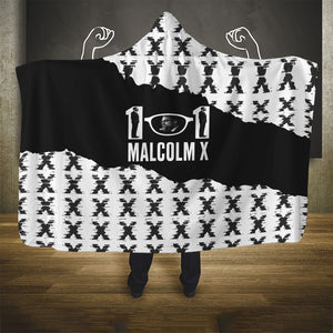 Malcolm X 101 Years Of Resistance Hooded Blanket Civil Rights Leader Portrait - Monochrome X Pattern
