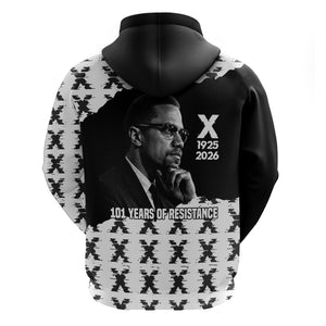 Malcolm X 101 Years Of Resistance Hoodie Civil Rights Leader Portrait - Monochrome X Pattern