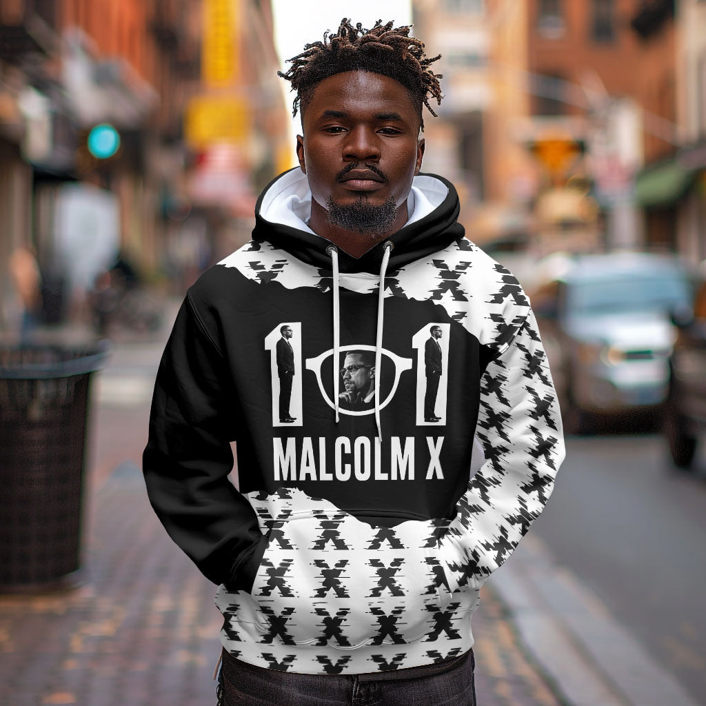 Malcolm X 101 Years Of Resistance Hoodie Civil Rights Leader Portrait - Monochrome X Pattern
