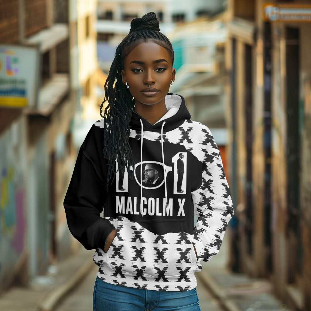 Malcolm X 101 Years Of Resistance Hoodie Civil Rights Leader Portrait - Monochrome X Pattern