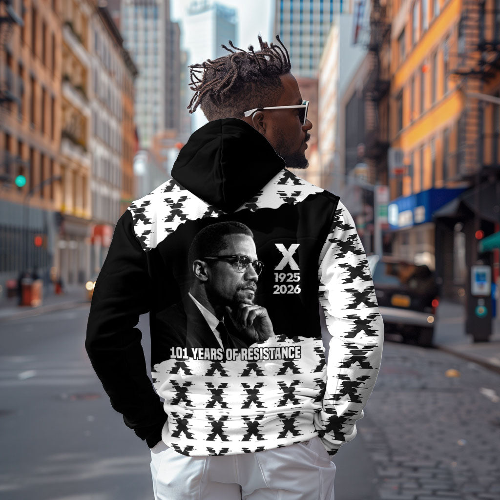 Malcolm X 101 Years Of Resistance Hoodie Civil Rights Leader Portrait - Monochrome X Pattern