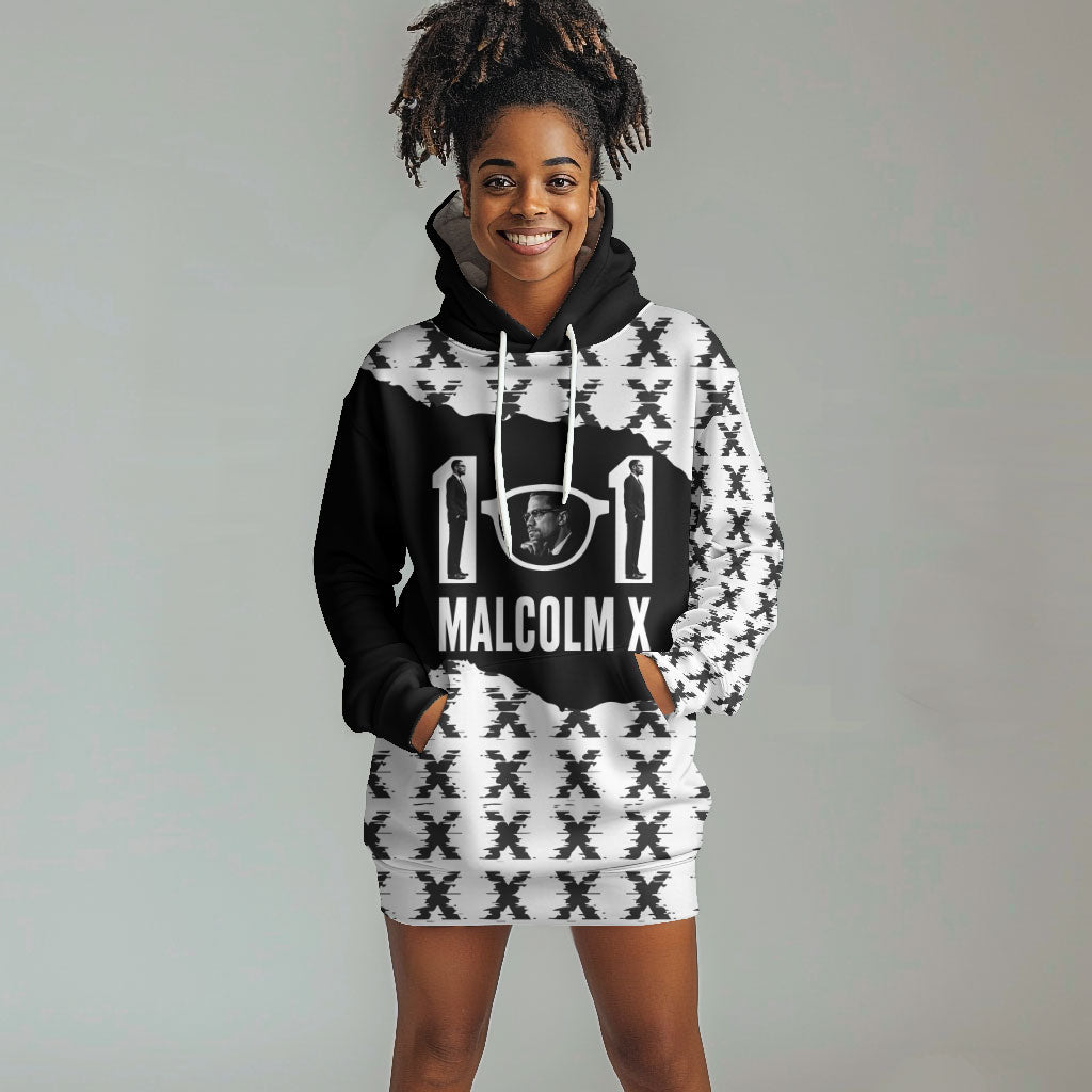 Malcolm X 101 Years Of Resistance Hoodie Dress Civil Rights Leader Portrait - Monochrome X Pattern
