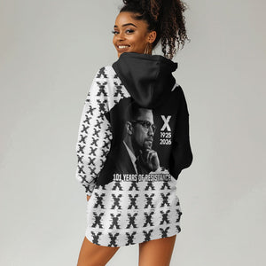 Malcolm X 101 Years Of Resistance Hoodie Dress Civil Rights Leader Portrait - Monochrome X Pattern