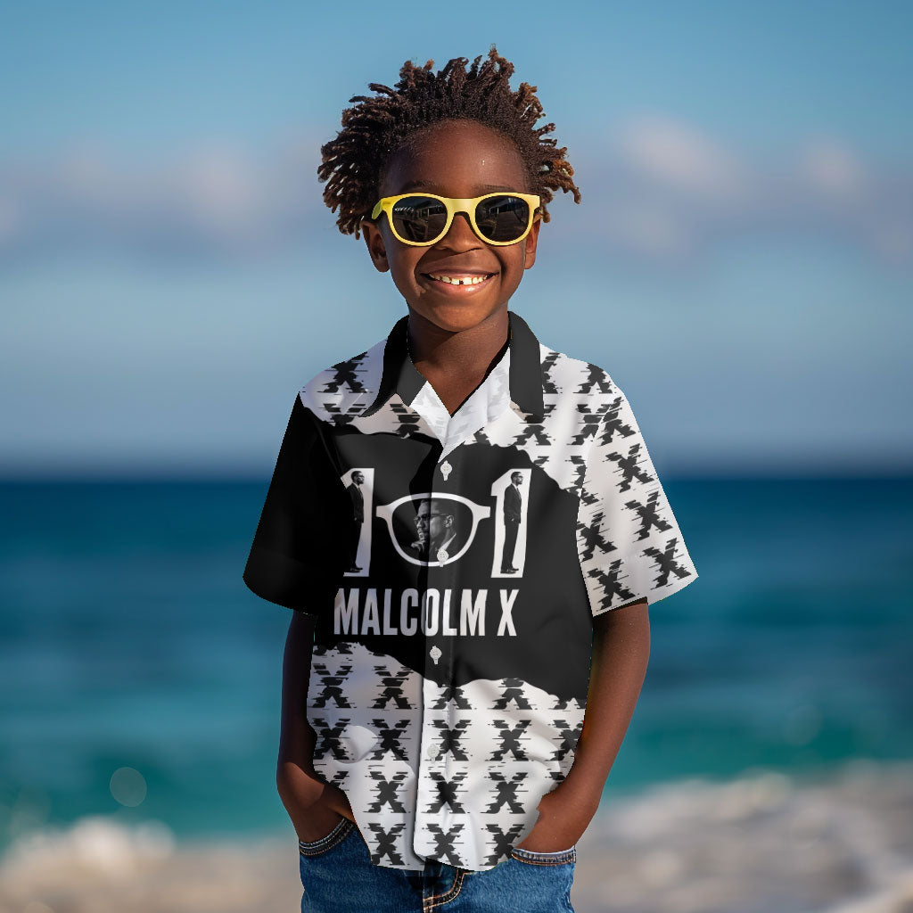 Malcolm X 101 Years Of Resistance Kid Hawaiian Shirt Civil Rights Leader Portrait - Monochrome X Pattern