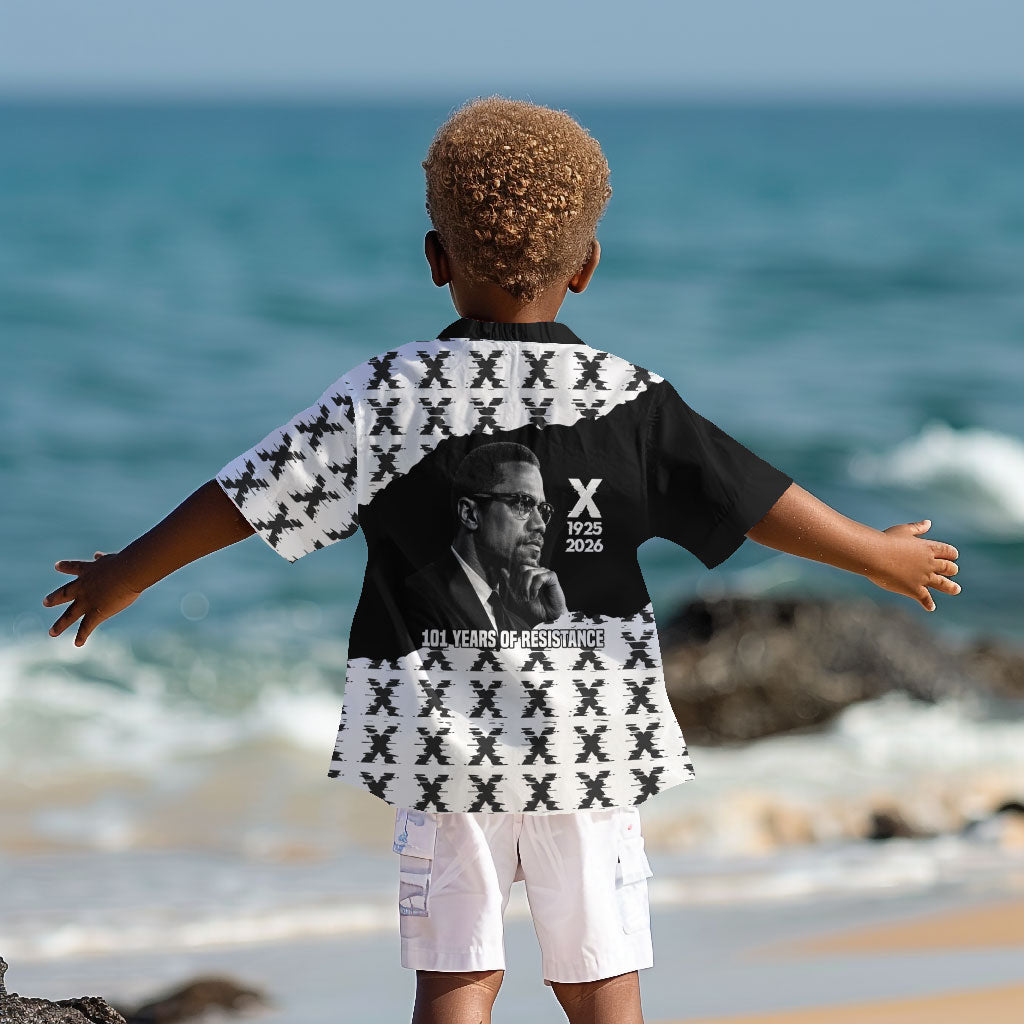 Malcolm X 101 Years Of Resistance Kid Hawaiian Shirt Civil Rights Leader Portrait - Monochrome X Pattern