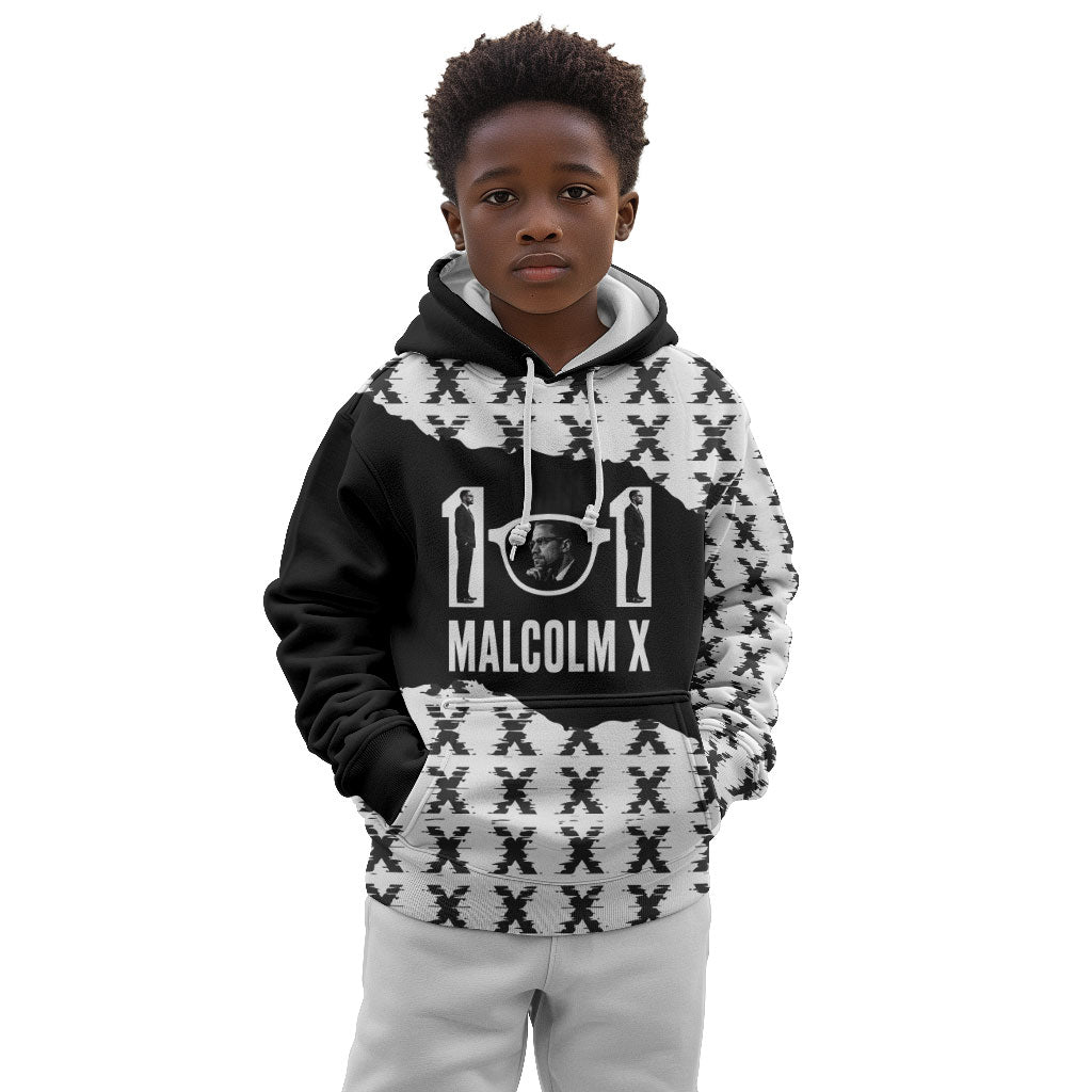 Malcolm X 101 Years Of Resistance Kid Hoodie Civil Rights Leader Portrait - Monochrome X Pattern