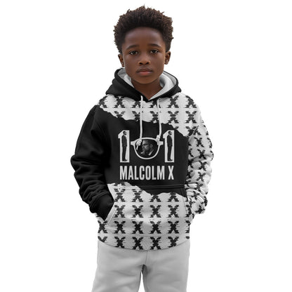 Malcolm X 101 Years Of Resistance Kid Hoodie Civil Rights Leader Portrait - Monochrome X Pattern