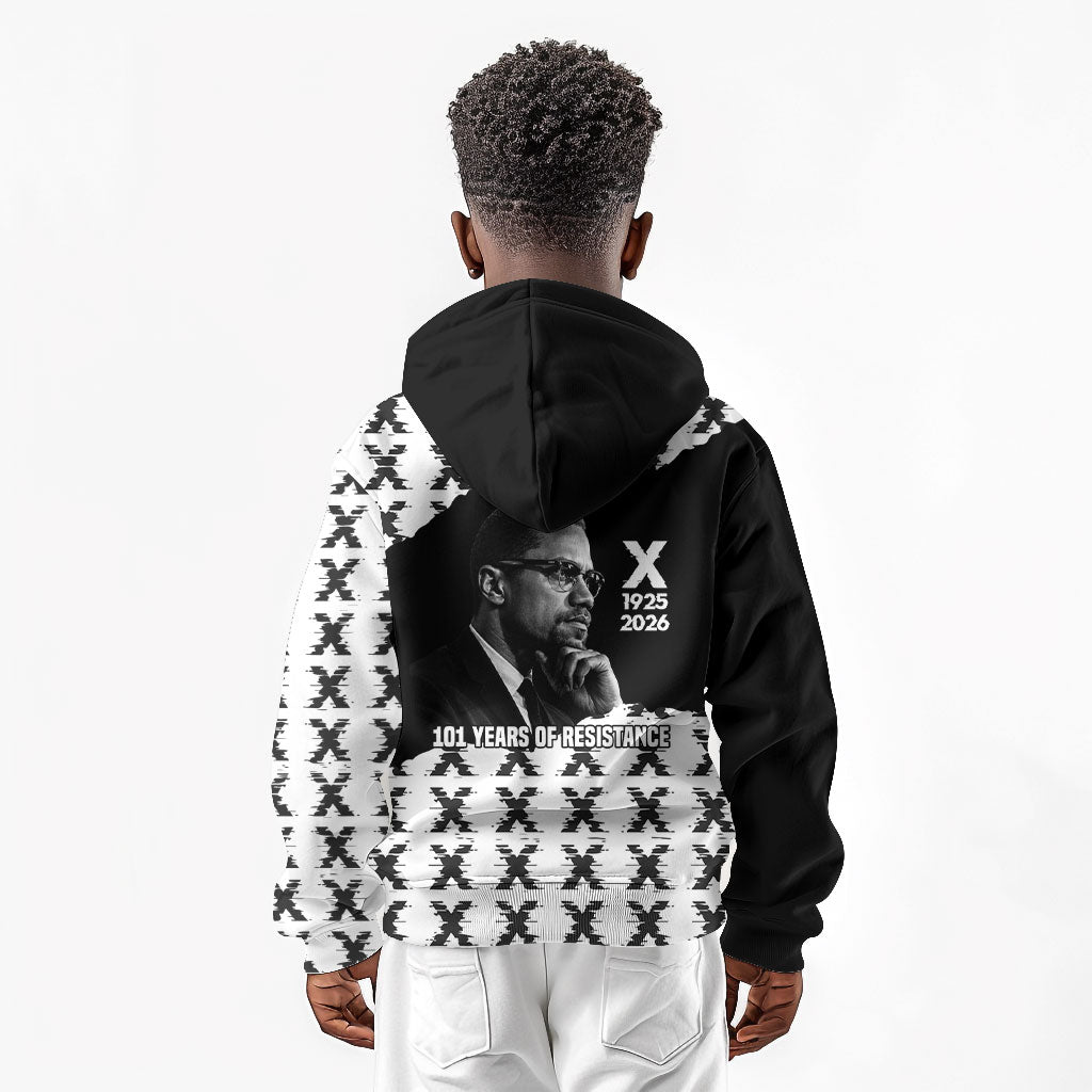 Malcolm X 101 Years Of Resistance Kid Hoodie Civil Rights Leader Portrait - Monochrome X Pattern