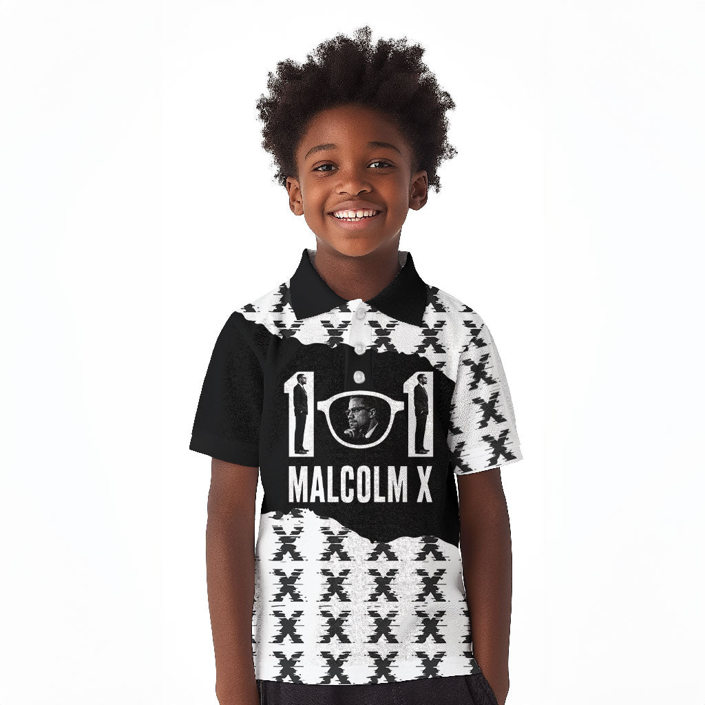 Malcolm X 101 Years Of Resistance Kid Polo Shirt Civil Rights Leader Portrait - Monochrome X Pattern