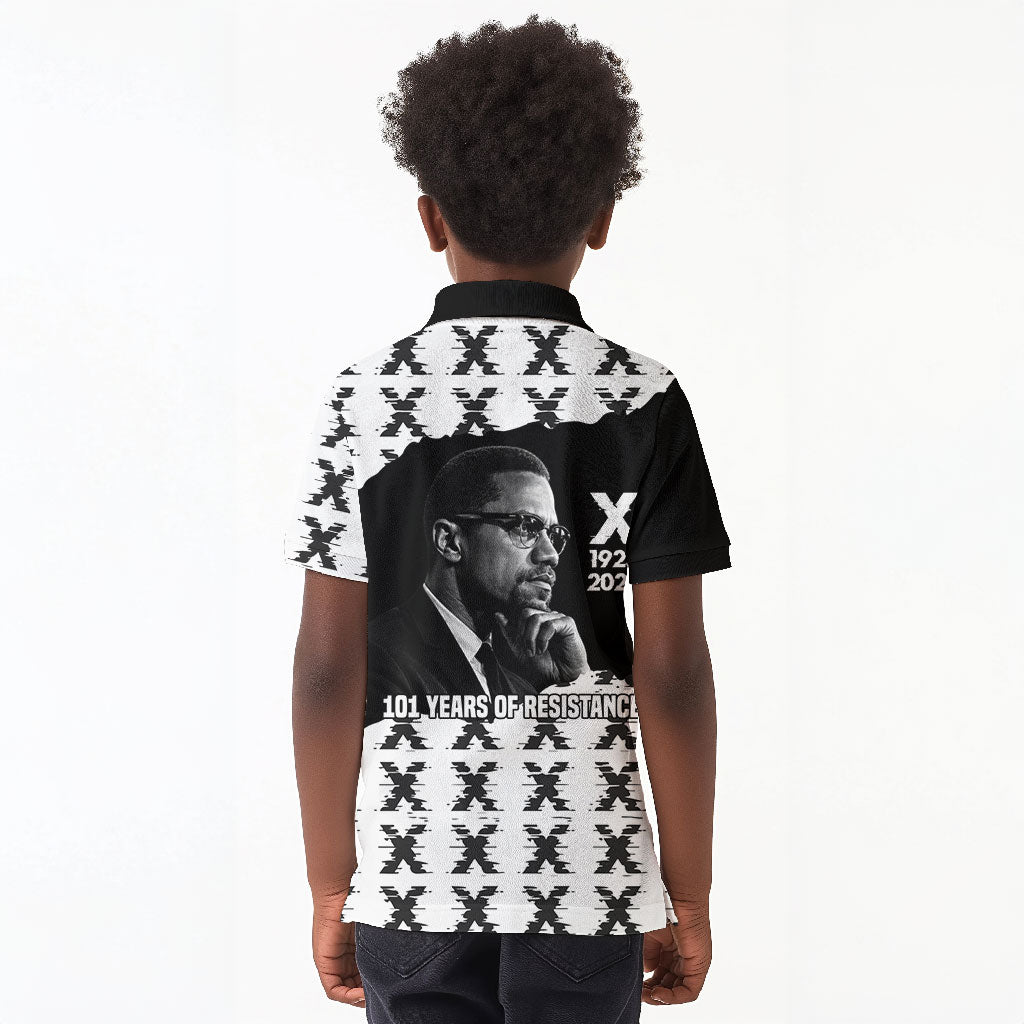 Malcolm X 101 Years Of Resistance Kid Polo Shirt Civil Rights Leader Portrait - Monochrome X Pattern